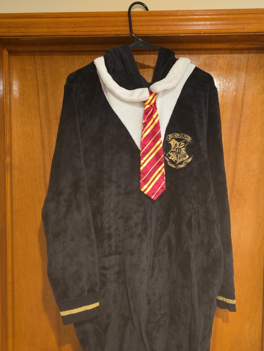 Women's Black & White Hooded Plush Pajama Oneise with Red Stripe Tie